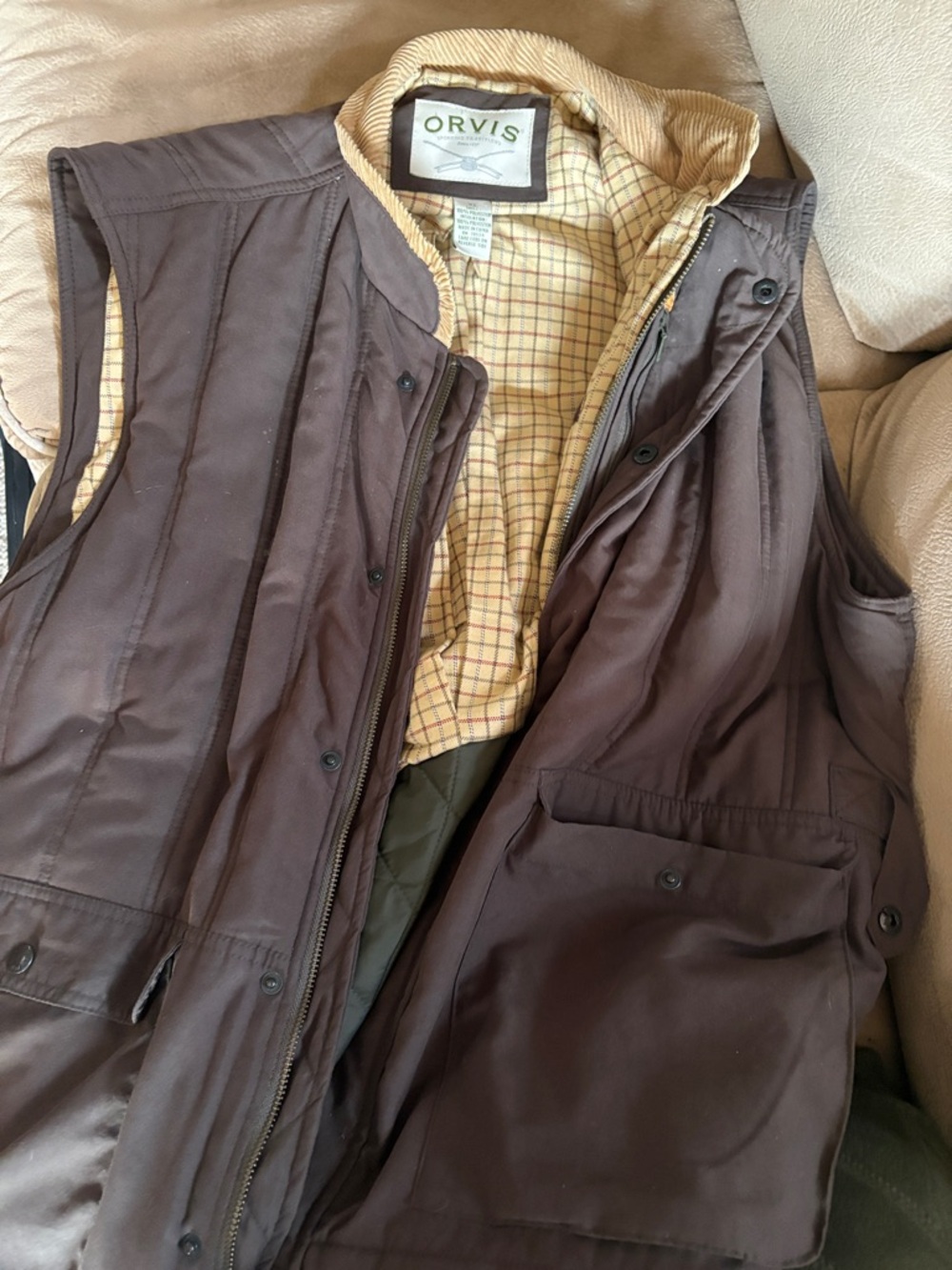 Orvis Brown Quilted Men's Vest with Plaid Interior